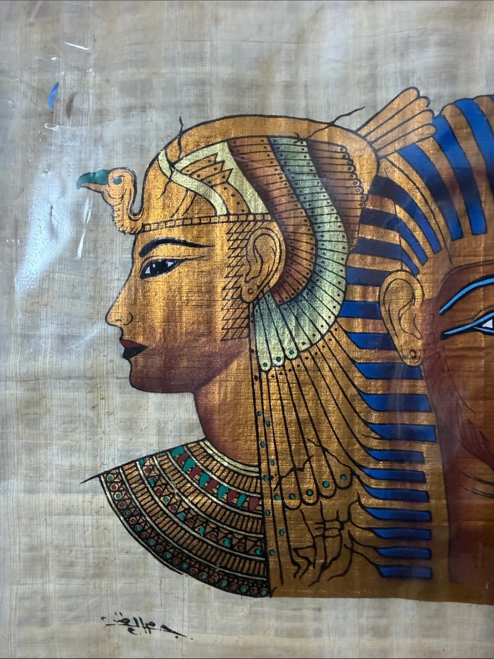 Egyptian Triptych Papyrus Wall Art - Blue and Gold VINTAGE ANTIQUE